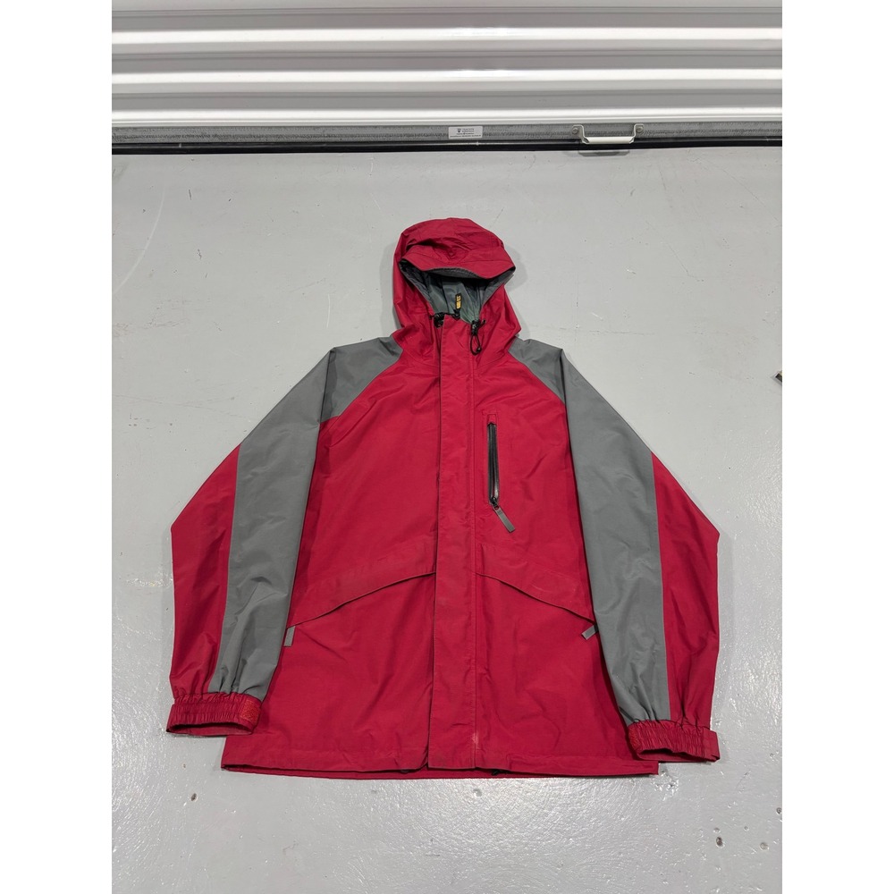 Cabelas Gore-Tex Rain Jacket Mens Medium Red Grey Hooded Waterproof Parka‎ Coat